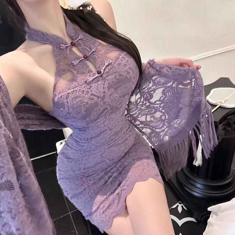 Purple Cheongsam-Inspired Bodycon Lingerie with Stand-up Collar - Spicy Temptation 7616