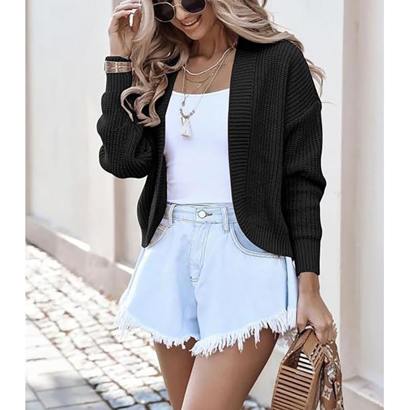 Ladies Casual Wrap Shoulder Autumn Winter New Style Outerwear Sweater Short Jacket Pure Color Open Cardigan Top