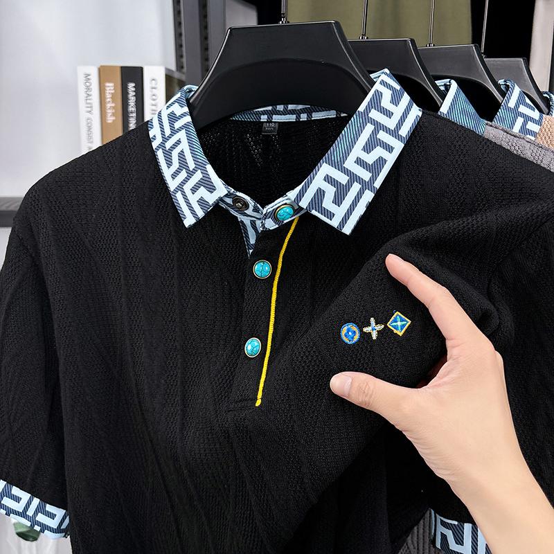 Wovey Luxe Mode Heren Lapel Poloshirt Korte Mouw T-shirt Zomer Exquise Borduur Werkbestendig Gebreide Kleding Herenkleding Top 4XL zwart