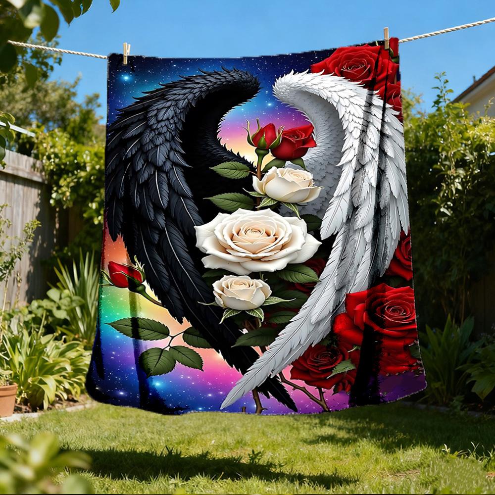 1pc Angel Wings Roses Throw Blanket Polyester Fiber, Lightweight Flannel, Soft & Warm, All Season Use for Outdoor, Camping