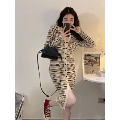 Autumn New Single-breasted Atmosphere V-neck Chic Imperial Sister High Cold Fan Waist Thin Knitted Hip-wrapped Striped Skirt