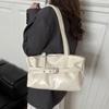 Retro Buckle Trimmed Tote Bag, Shiny Faux Leather Large Capacity Shoulder Purse with Adjustable Strap for Work Versatile Handbag