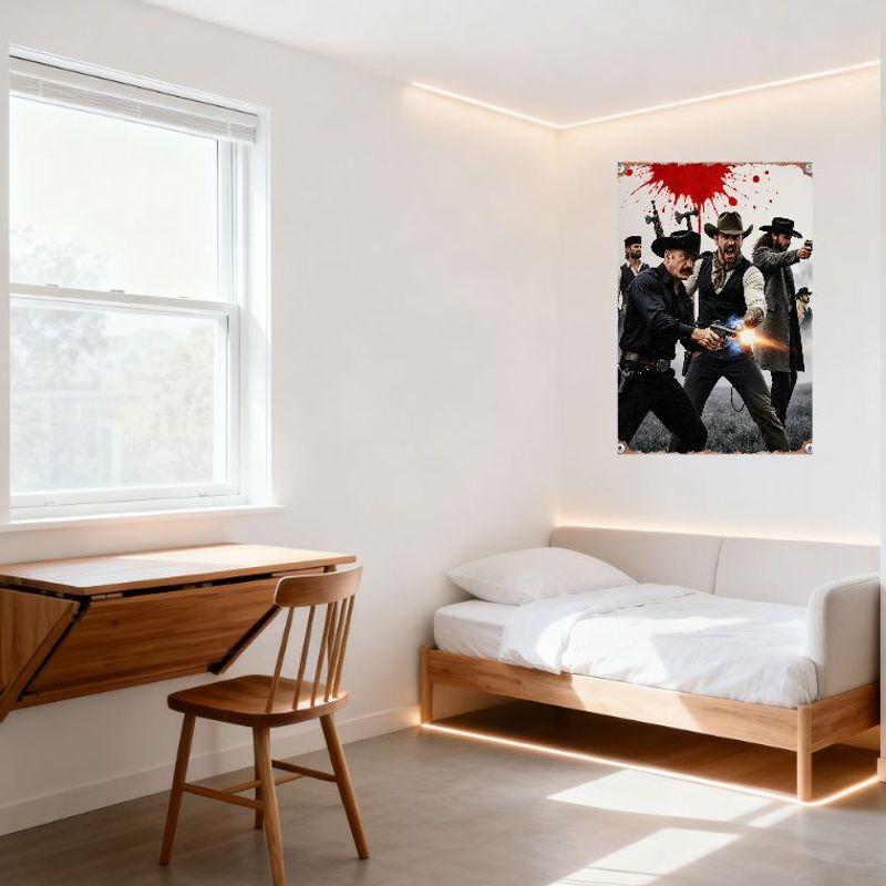 Old West Western Cowboy Action Men Metal Tin Sign Vintage Blood Splatter Poster for Man Cave Bar Cafe Home Decor