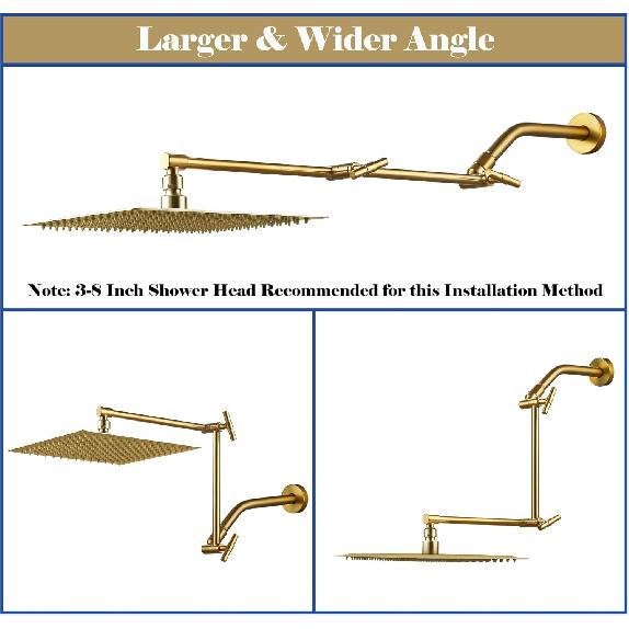 13-Inch Shower Head Arm, Gold, Stainless Steel, Adjustable, Locking Nut, 3-Year Warranty