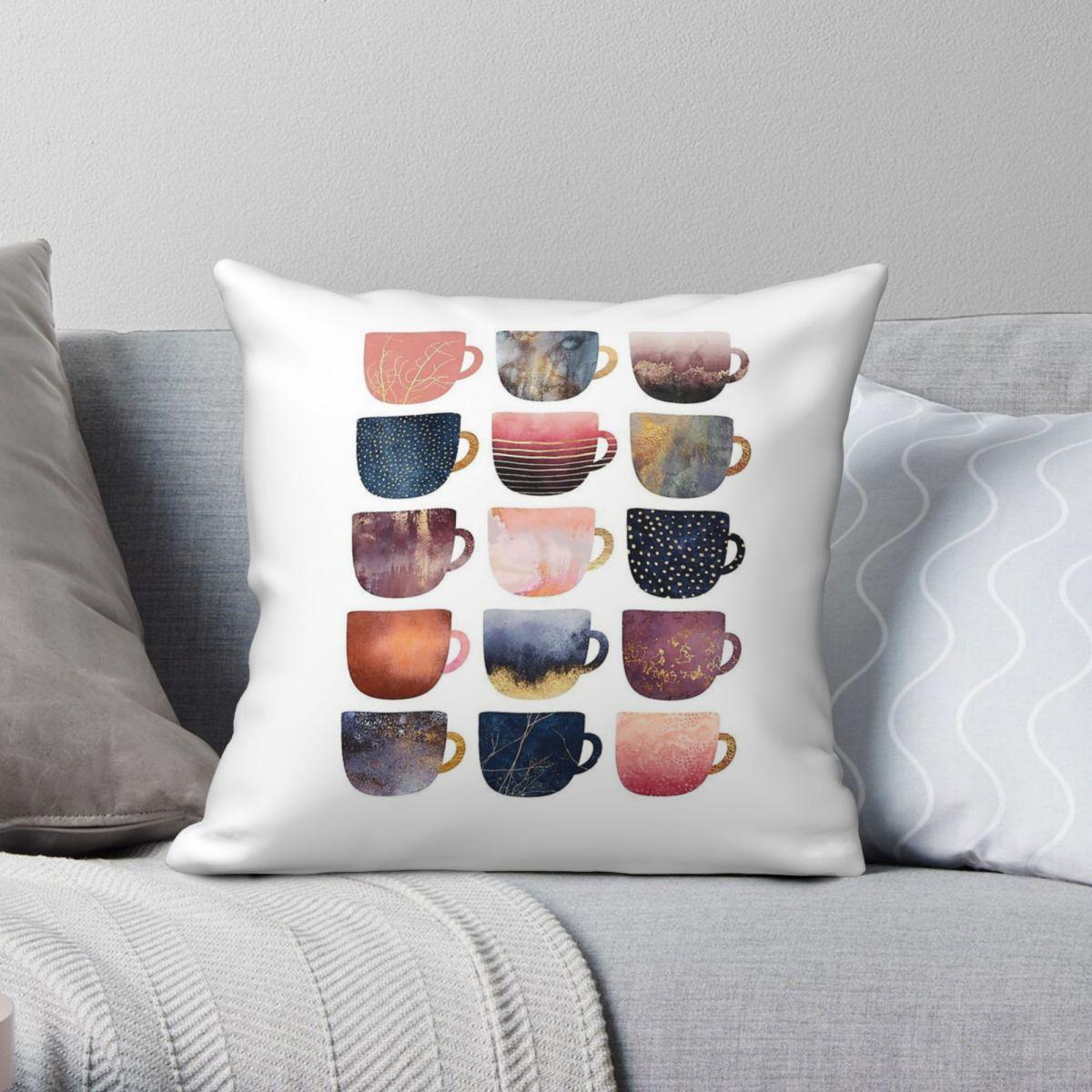 Green Harvest Unisex Pretty Coffee Cups Square Pillowcase Polyester Linen Velvet Pattern Zip Decor Sofa Seater Cushion Cover 45X45