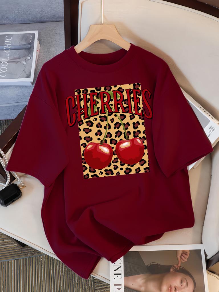 Leopard Cherry Creative Design Womens Tee Shirts Cotton Casual T Shirt Summer O-Neck Streetwear Soft Oversized Short Sleeve