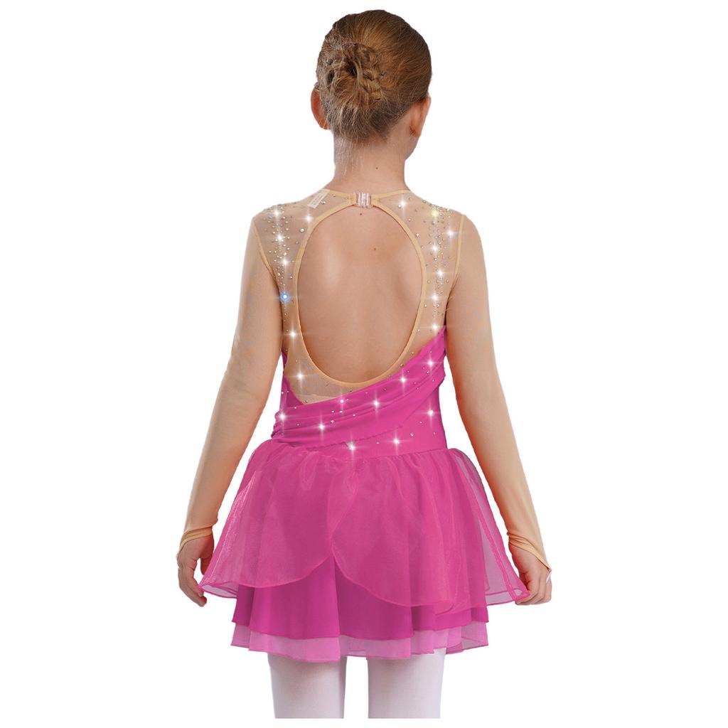 Dziewczęca brokatowa sukienka do łyżwiarstwa figurowego z cyrkoniami, z długim rękawem, z prześwitującą siateczką i wycięciem na plecach, kostium do występów lirycznych