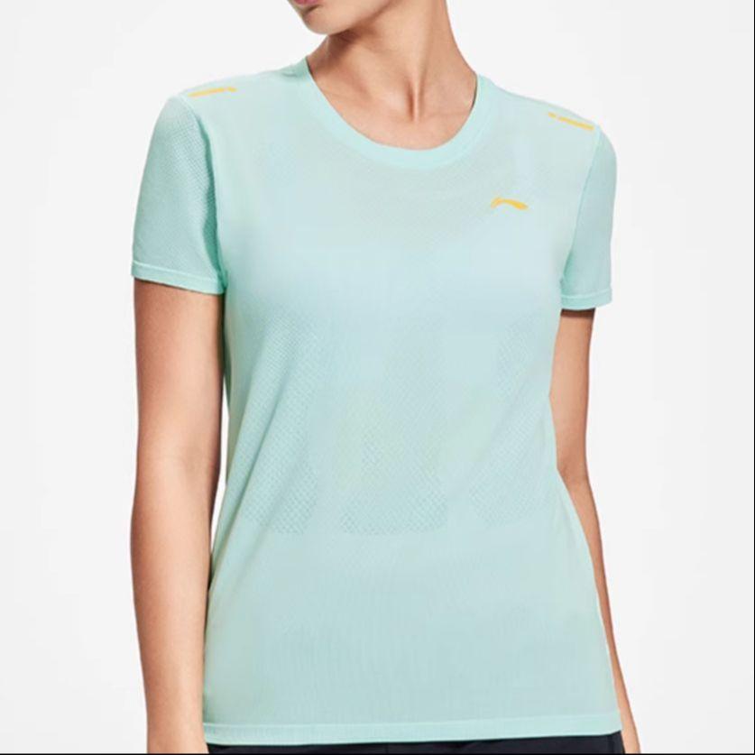 Li Ning Laufserie Einfarbige Mikroschrift Schnelltrocknend Atmungsaktiv Lauf-Trainings-Kurzarm-T-Shirt Damen Oberteile Weich-Wasserblau ATSS382-1