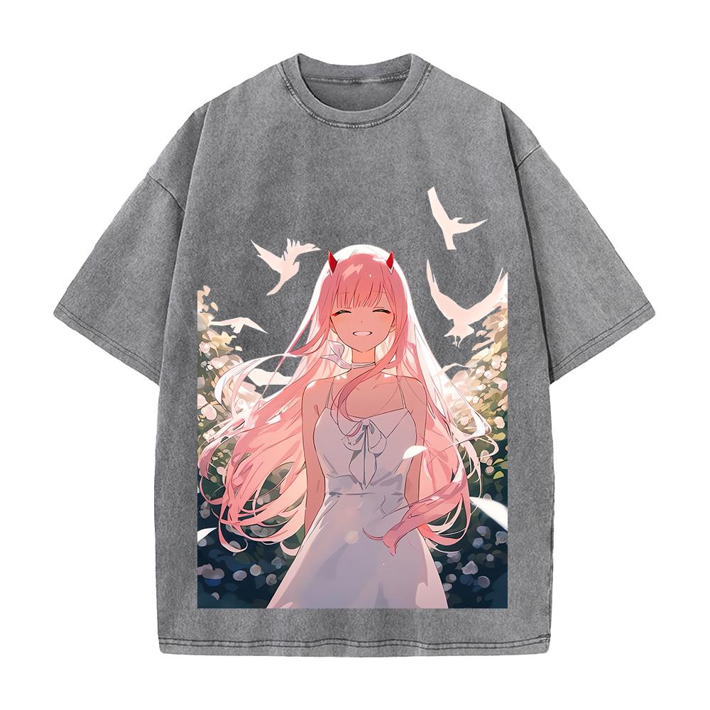 DARLING in the FRANXX Zero Two Printed Tee Men Women Short Sleeve Cotton Tshirts Vintage Washed T-shirt Oversized Streetwear