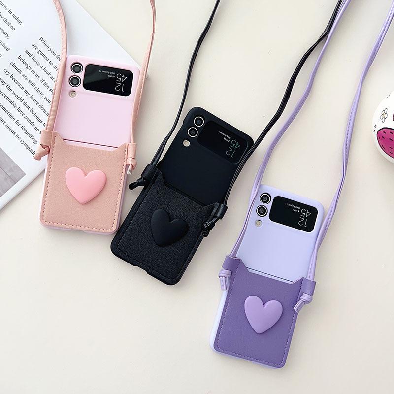 Crossbody Lanyard Necklace Strap 3D Love Case for Samsung Galaxy Z Flip 5 4 3 Flip5 Flip4 Flip3 5G Card Holder Leather Cover