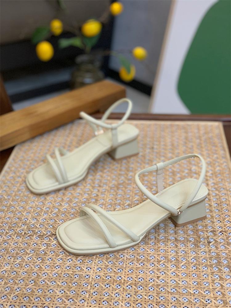 French Thick Heel Thin Strap Sandals Women's Summer 2025 New Fashionable Versatile Gentle One-word Strap with Skirt Sandals