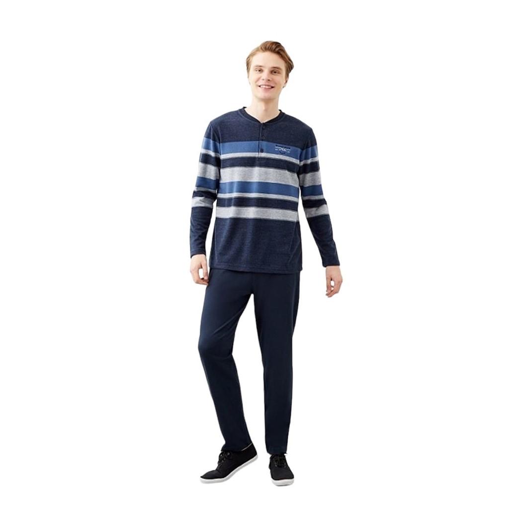 

Poleren Lapel Lapel Полосатый узор Хлопковый мужской пижамный костюм L темно-синий