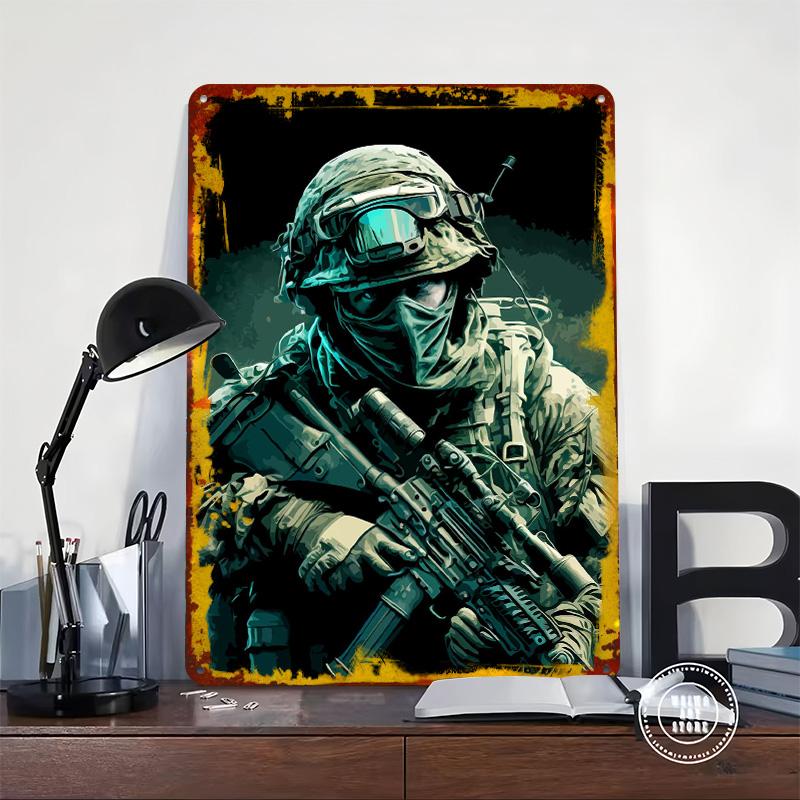 Camouflaged Soldier With Rifle Metal Poster Customized Wall Art Retro Vintage Tinplate Signs for Apartment Decoration Room Decor