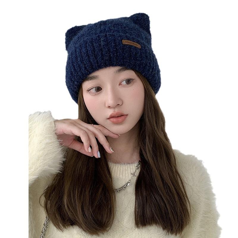 Bonnet d'hiver en laine pour femmes Automne et hiver Bonnet tricoté mignon à oreilles de chat japonaises Bord roulé Épaissi Chaud Bonnet à enfiler Chapeau pour le froid
