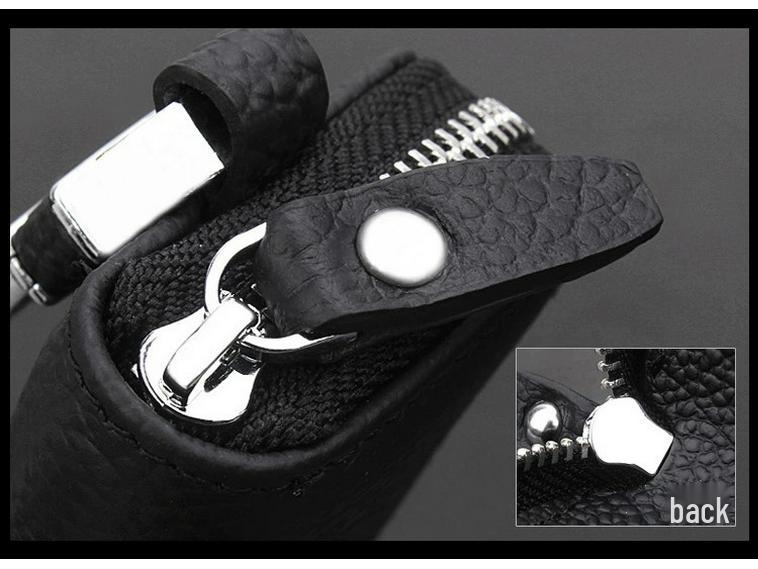 Lychee Grain Cowhide Key Case with Zipper - Pure Black