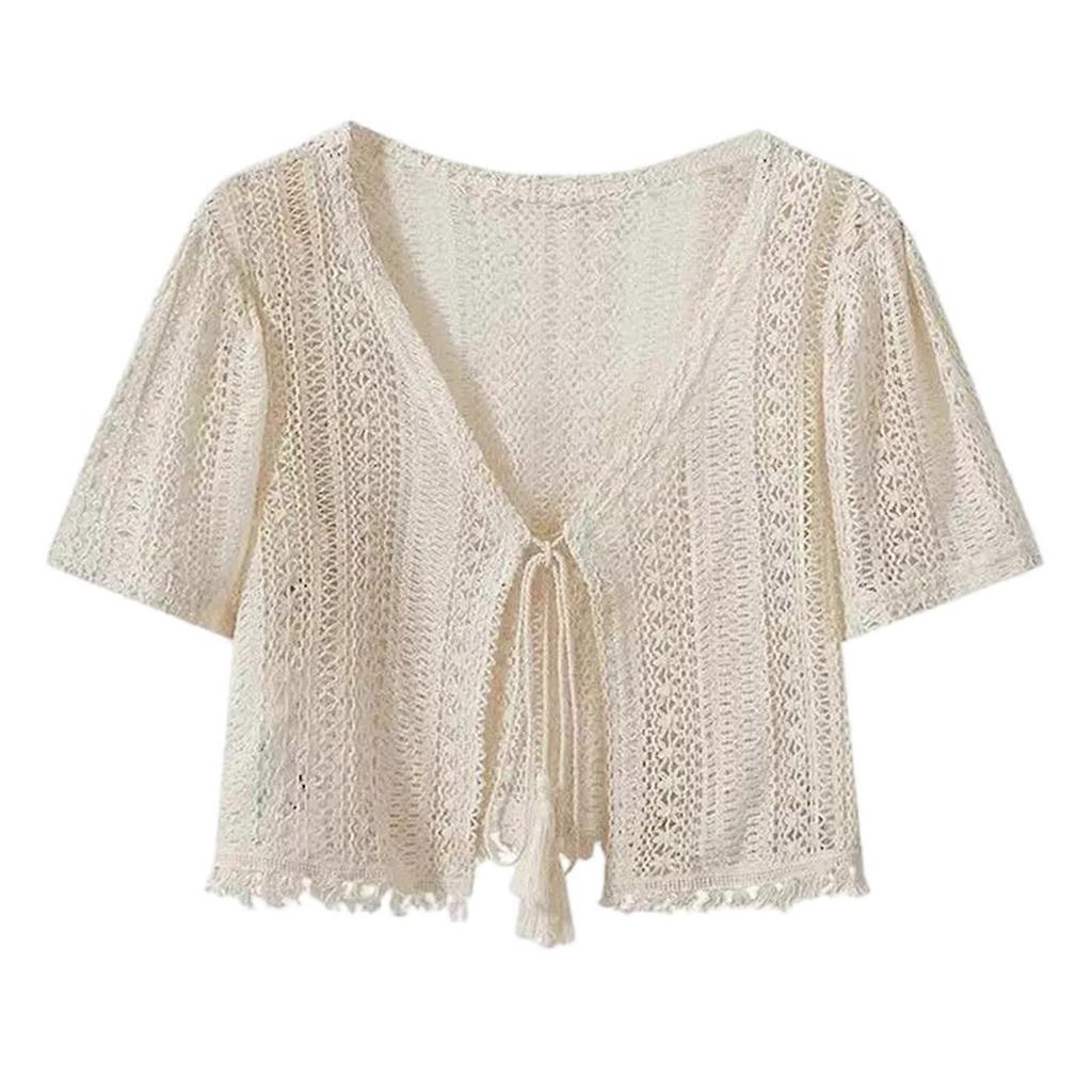 Women Crochet Shrug Sweater Tie Front Knit Boleros Shrugs for Dresses Short Sleeve Cropped Cardigan Beach Coverups Gifts One Size