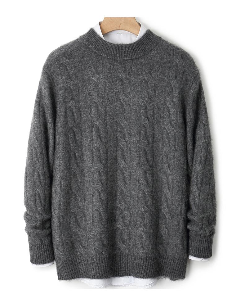 Men's Pure Wool Thick Cable Knit Sweater - Round Neck Solid Color for Autumn and Winter