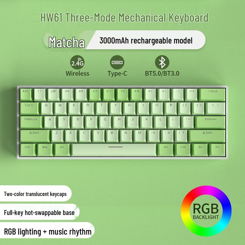 61-Key Mini Mechanical Keyboard with Three-Mode Wireless Bluetooth, Red Tea Switch for Laptop Gaming & Office