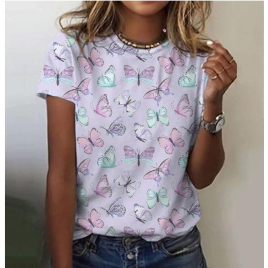 Summer Round Neck 3D Colorful Butterfly on Black Background Print Top Fashionable Casual Short Sleeved Women's T-shirts