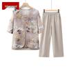 Blumenmuster-Oberteil mit mittlerem Ärmel und Hose für ältere Damen