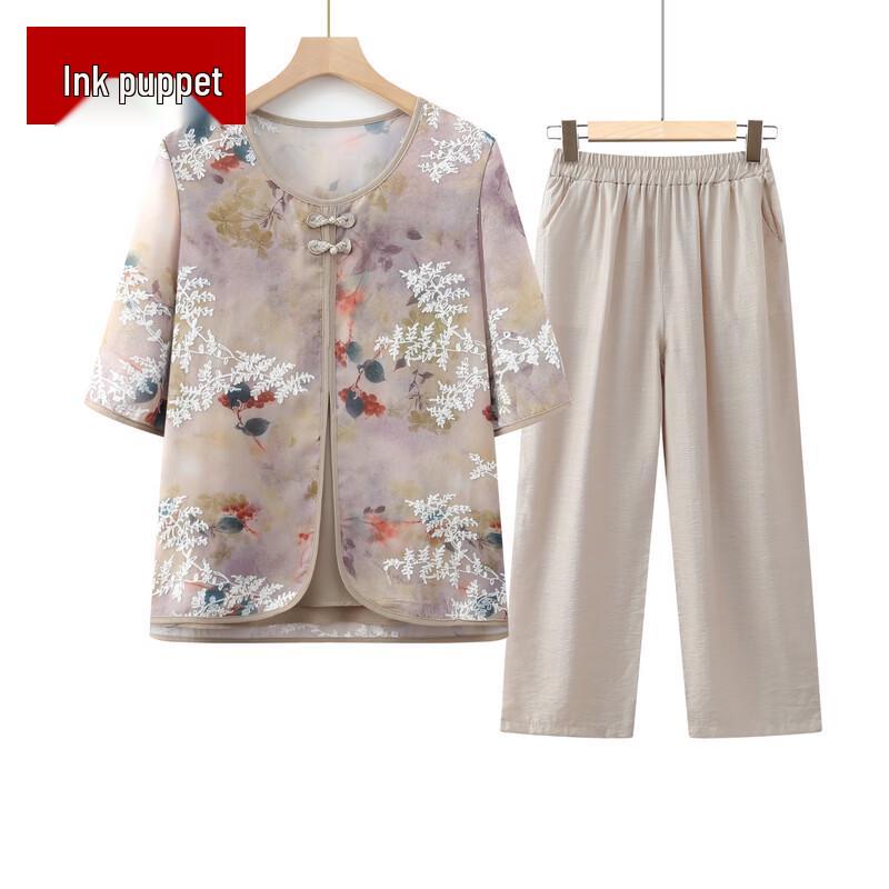 Elderly Women s Floral Print Mid-Sleeve Top & Pants Set 3XL