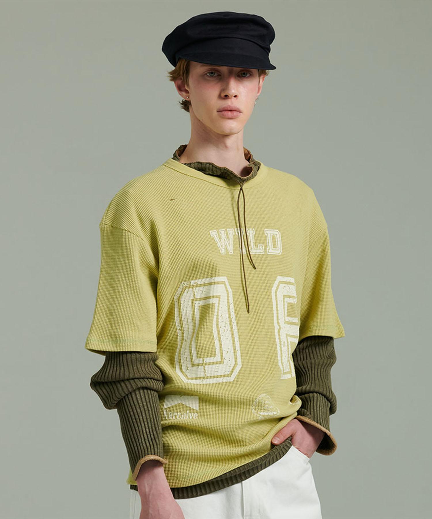Beyond Closet [Collection Line] Vintage Detail Washed Waffle Cotton Damaged Short Sleeve T-Shirt Mustard Large