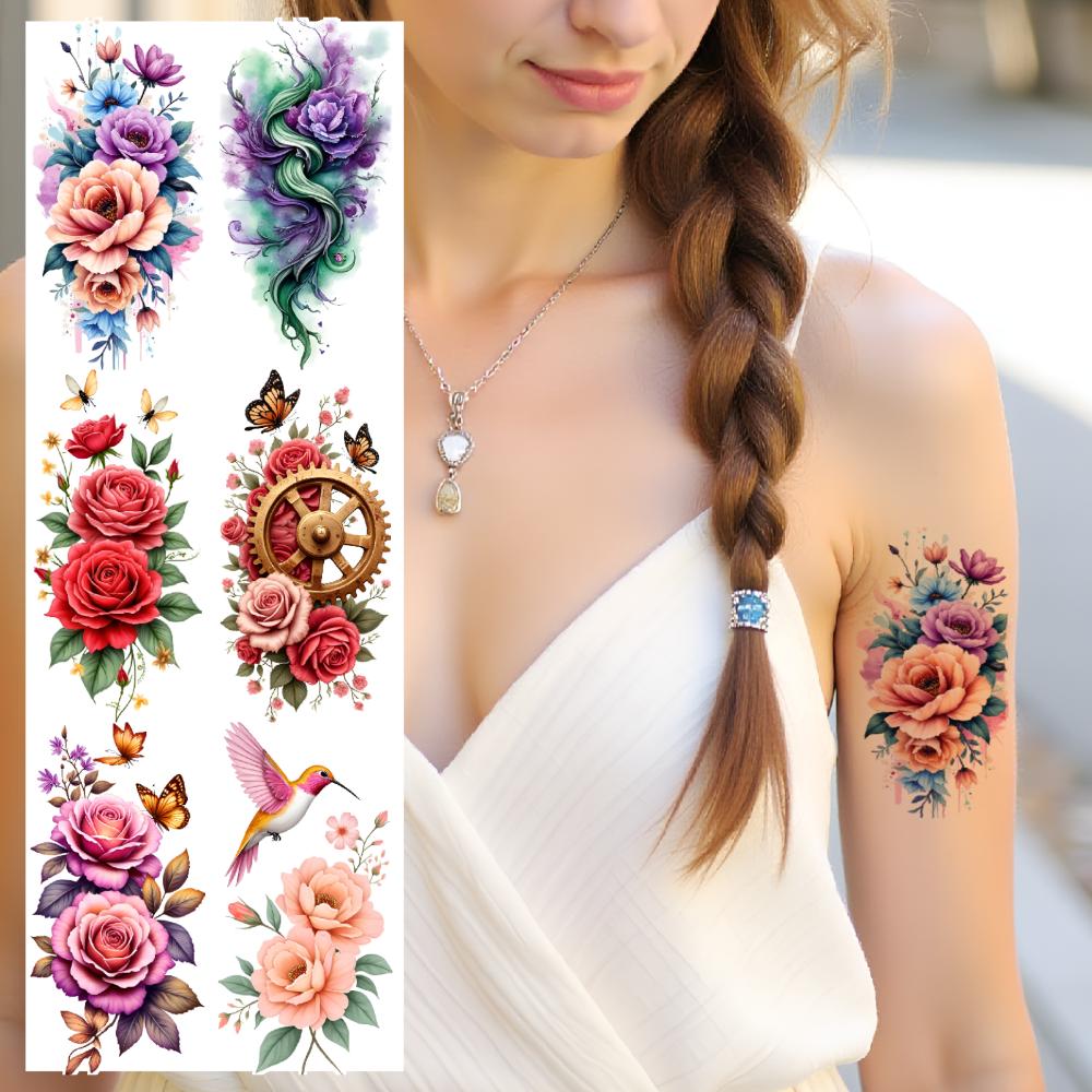 9 Stück Blumen Temporäre Tattoos für Männer Frauen Pflanze Narzisse Rose Pfingstrose Fake Tattoo Aufkleber Wasserdicht Körper Arm Tattoo Aufkleber