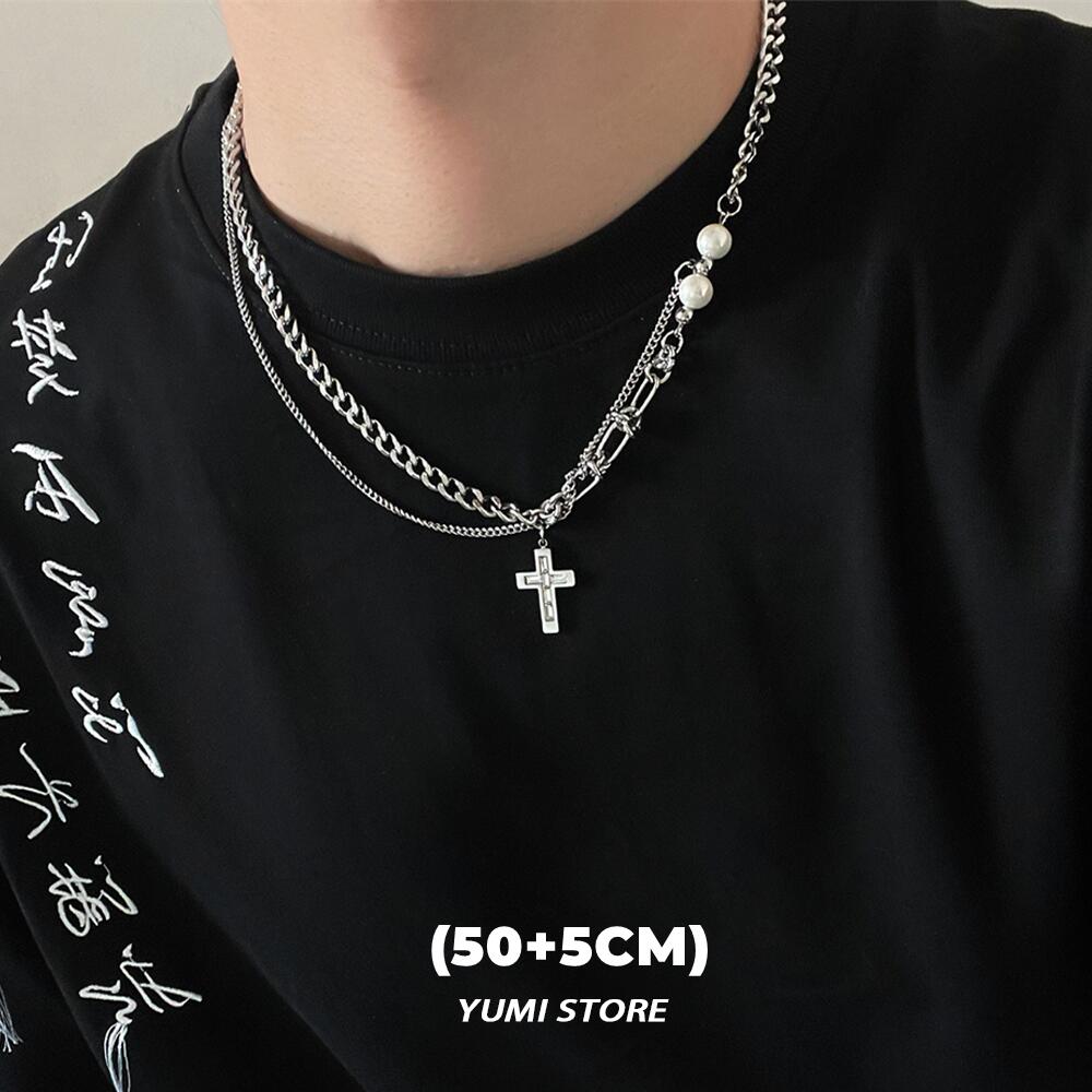 Unisex Hip Hop Pearl Cross Necklace Titanium Steel Zircon Splicing Clavicle Chain  for Man Woman
