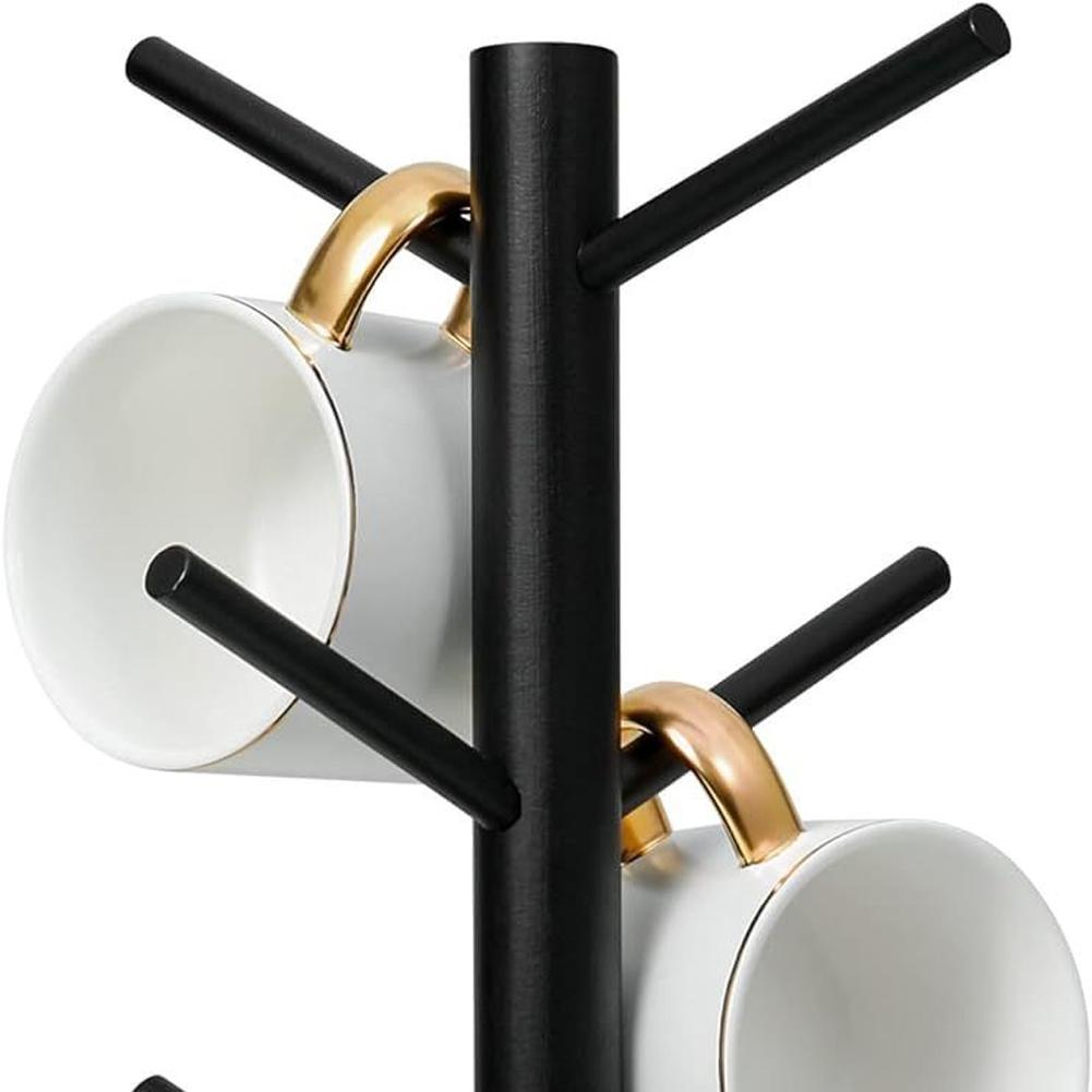 Bamboo Mug Tree with Thick Base Bamboo Mug Tree Stand Space-Saving Cup Holder with 6 Hooks,Countertop Coffee Cup Mugs Stand Rack
