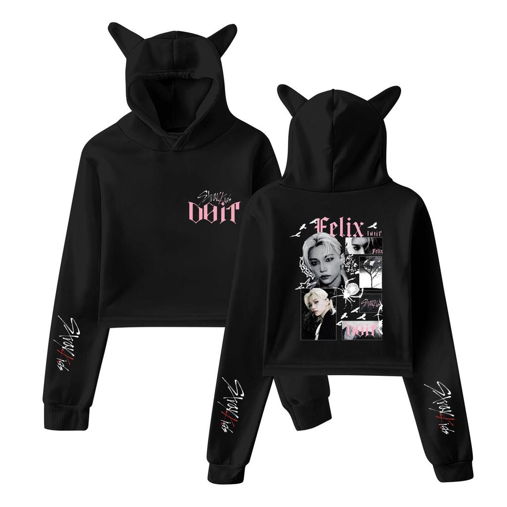 Stylish Women's Hooded Pullover Sweatshirt With Stray Kids Print, Trendy Long-sleeved Top.