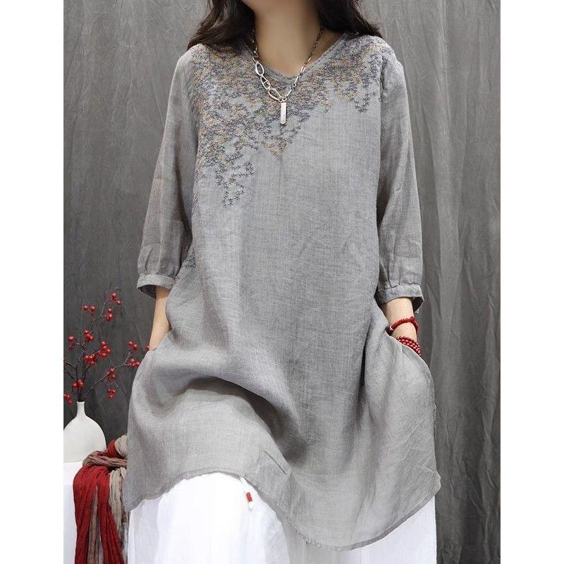 Women Summer Spring Round Neck Half Sleeve Cotton Linen Blend Embroidered Retro Casual Tunic Top