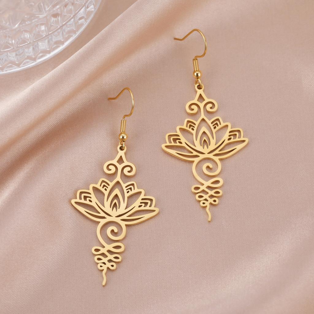 Unalome Pendant Earrings Hippie Stainless Steel Yoga Lotus Flower Drop Earrings for Women Unique Buddhism