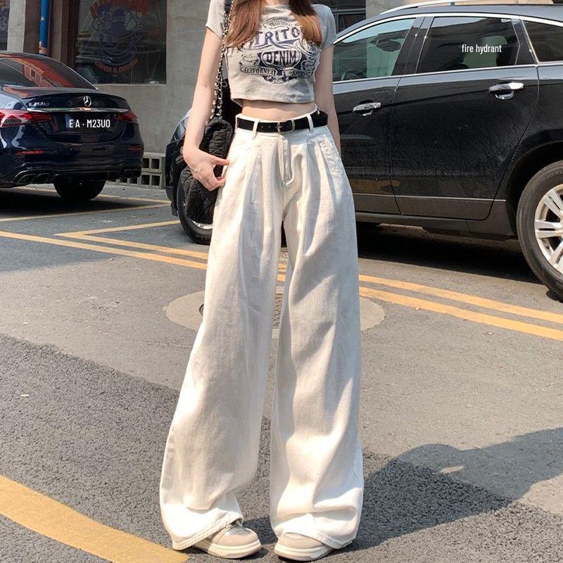 

Plus Size Women s White High-Waisted Wide-Leg Jeans - Summer Slimming Straight, Floor-Length Pants M