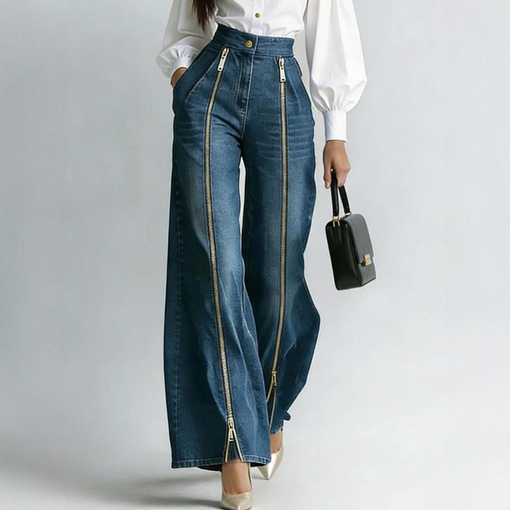 European and American Double Zipper Wide-leg Jeans for Women, Fashionable and Casual Straight Trousers, Wholesale