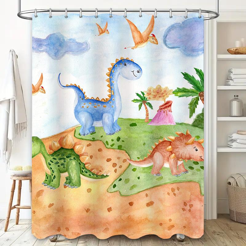 Watercolor Dinosaur Shower Curtain 3D Printing Cartoon Bathroom Decor for Kids Bathrooms Multicolor Floral Print Waterproof Fabr