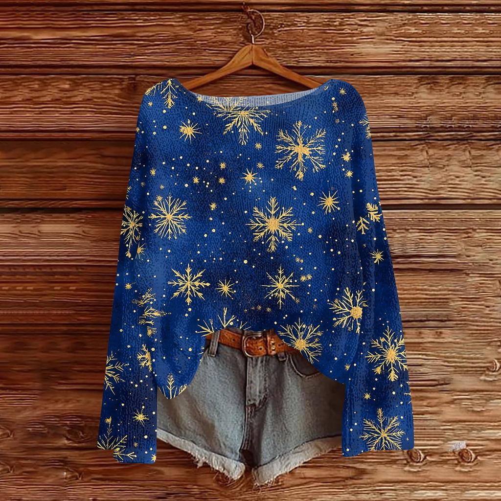 Women's Round Neck Lightweight Sweater Casual Long Sleeve Christmas Print Knit Pullover.