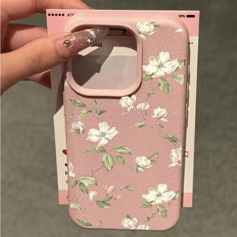 White Flowers Leaves Leather Phone Case For IPhone 15 12 14 13 11 16 17 Pro Max Plus 17 Air 16E Silicone New Design Luxury Cover