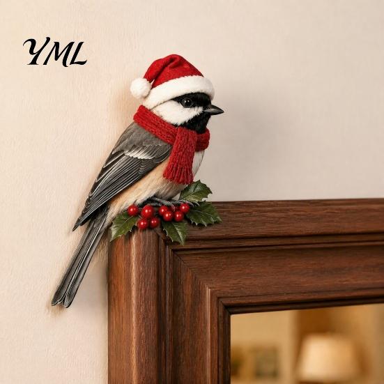 Festive Home Wall Decor Wooden Bird Door Topper, Cute Christmas Corner Statue, Woodland Animal Frame Topper Art Sign for Winter Holiday Window Decor,