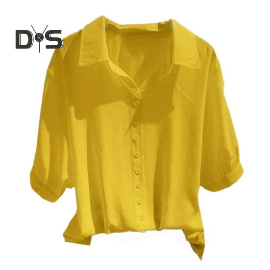 Damska letnia koszula topy kołnierz z klapami bluzka z półrękawem jednolity kolor luźny krój guziki wystrój pulowerowe topy impreza w pracy wakacje topy