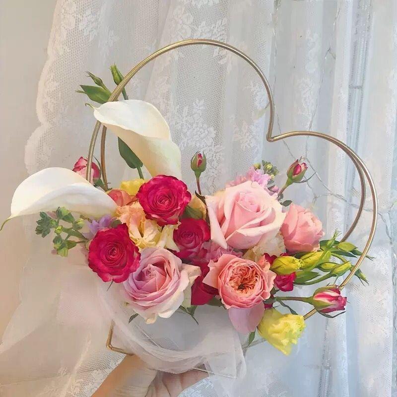 Metal Flower Basket Love Flower Stand Portable Flower Basket Flower Box Flower Round Square Wrought Iron Flower Stand Golden Geometry