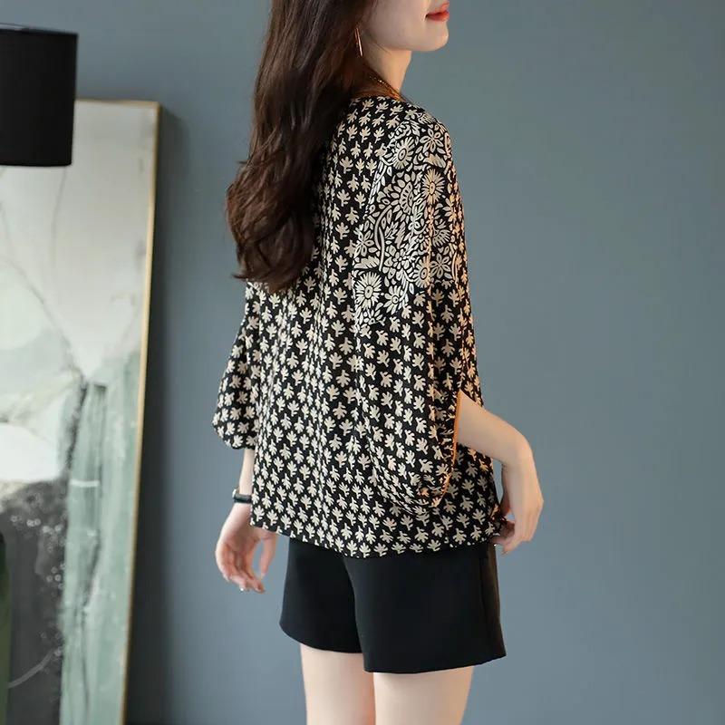 Fashion Summer New Fashion Korean Style Simple Niche Versatile Commuting Three-quarter Sleeve Lace-up Printed Chiffon Shirt for Women