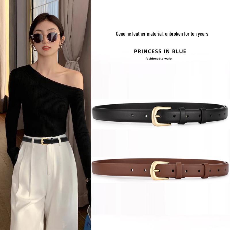 Women's Black Genuine Leather Fashion Belt with Decorative Buckle for Jeans and Trousers 2025.