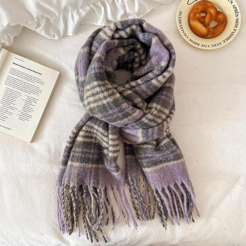 2025 Retro Korean Style Women's Warm Plaid Scarf & Shawl in Brown