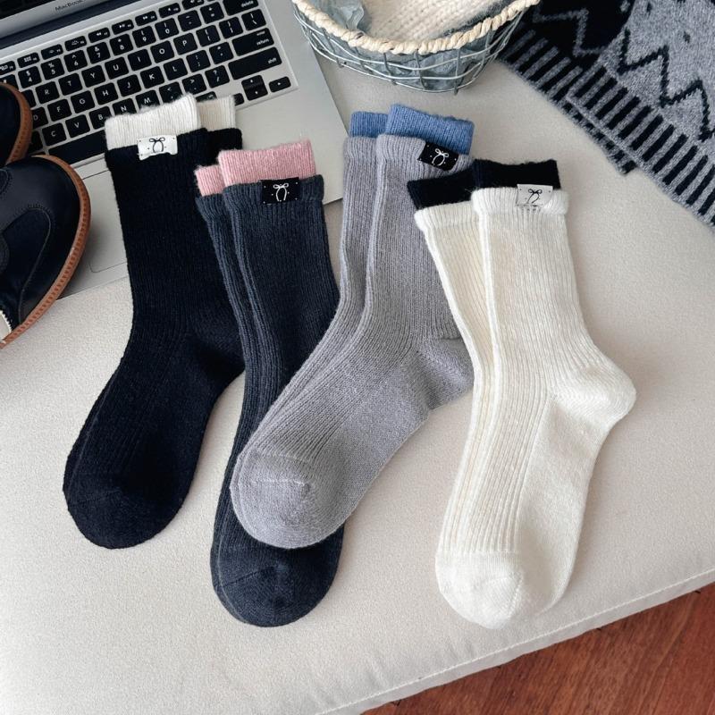 2 Pairs of Wool Socks - Children's Autumn-winter Thick and Warm Color-matched Double-cuffed Fabric Logo Bow Knee-length Socks Trendy Wool Long Socks