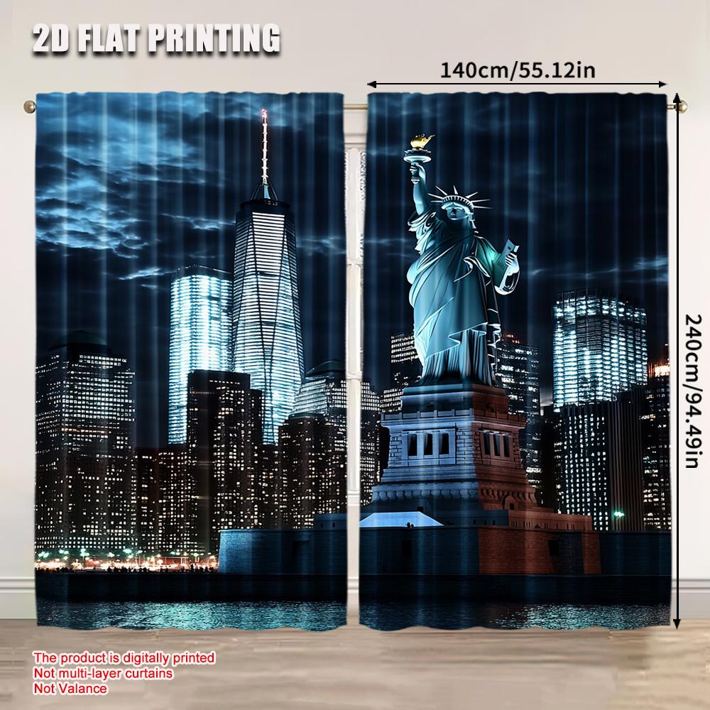 2Pcs Statue Of Liberty Curtain New York City Skyscraper Urban Night Scene Skyline Cityscape Landmark Home Decor Nyc Party