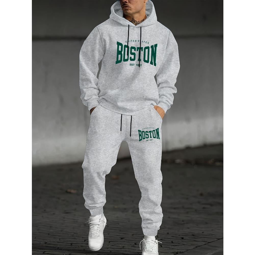 Men's Two Piece Casual Suit with Printed Drawstring Hoodie and Matching Drawstring Sweatpants, Suitable for Traveling