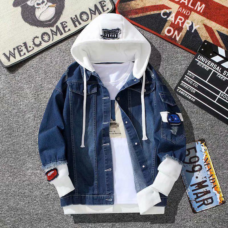 Trendy Spliced Hooded Denim Workwear Jacke für Herren - Zweiteiliges Set für Frühling und Herbst