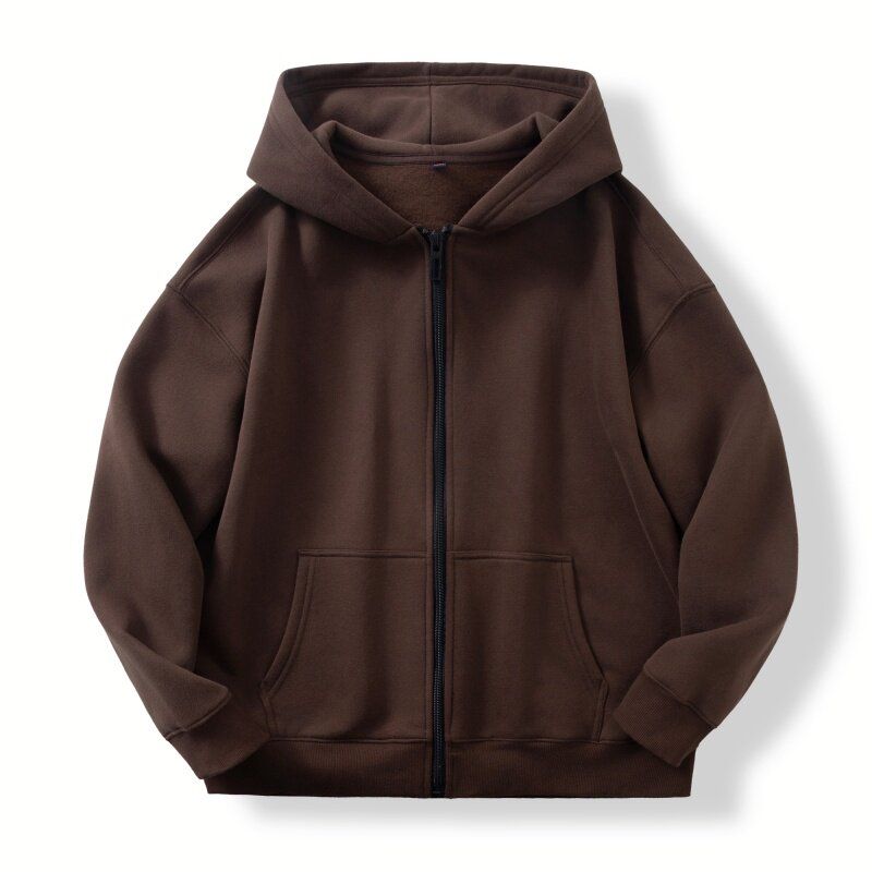 Foreign Trade Japanese-Style Autumn and Winter Fleece-Lined Thick Warm Zip-Up Hoodie for Men and Women, Couple's Casual Hooded Sweatshirt Jacket