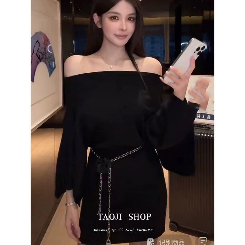 

Off Shoulder Elegant Sexy Knitted Party Evening Dress Korean Solid Color Slim Fit Women Loose Mini Dress Fashion Autumn Clothing one size чорний