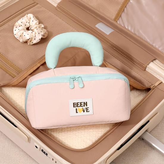 Open Flat Makeup Bag Travel Cosmetic Bag with Padded Handle Large Capacity Toiletry Bag with Brush Pouch for Business Trip Vacation